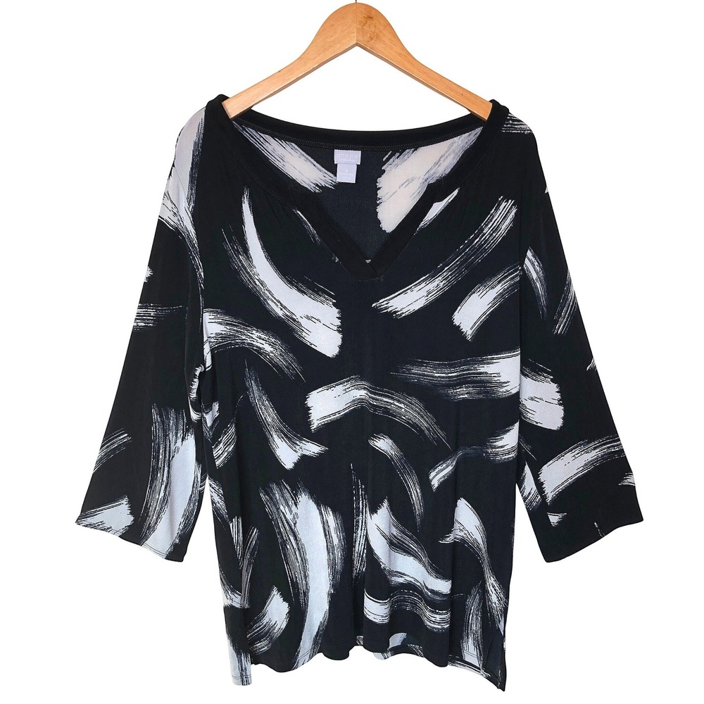 Chico's Black V-Neck Brushstroke-Print Top